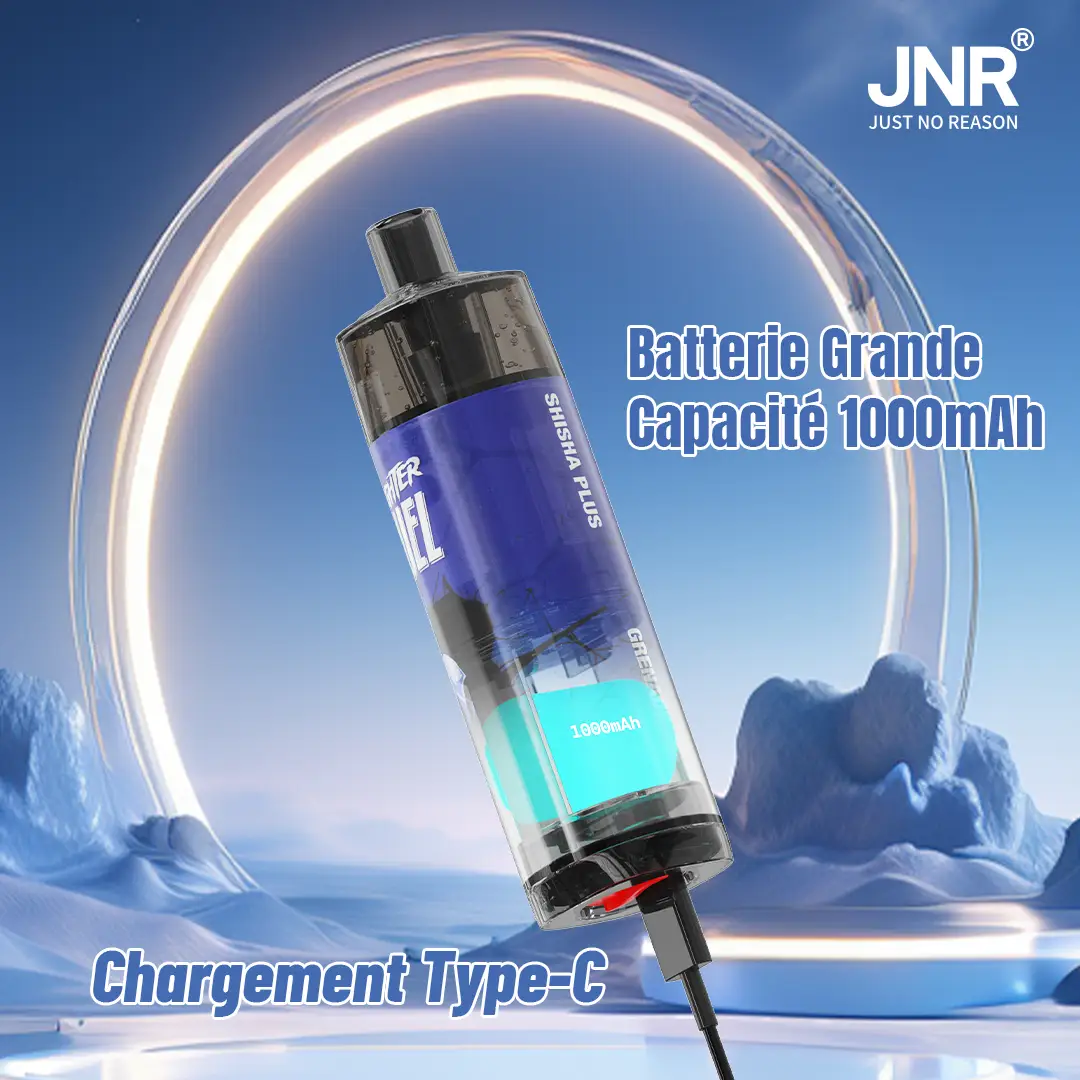 Shisha Plus 28K – JNR x Fighter Fuel : puff rechargeable jusqu’à 28 000 bouffées, saveurs fruitées glacées, autonomie 1000 mAh, tirage direct DL.